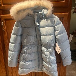 Light Blue Puffer Coat girls xlg 14-16 with Faux Fur Hood